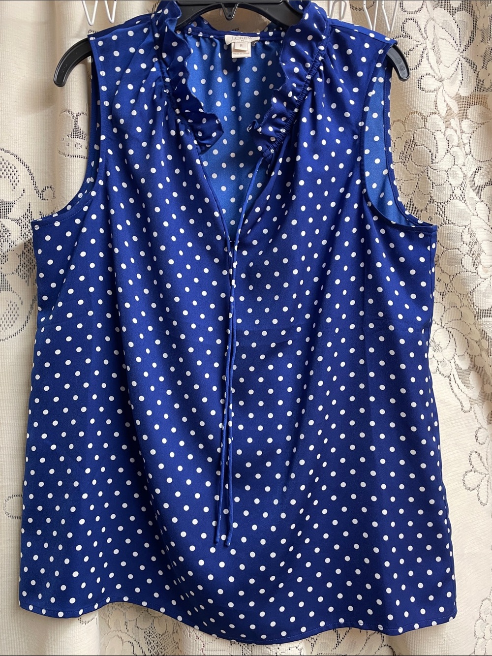 J. Crew Blue and White Polka Dot Ruffle Tie-Neck Sleeveless Top size 8